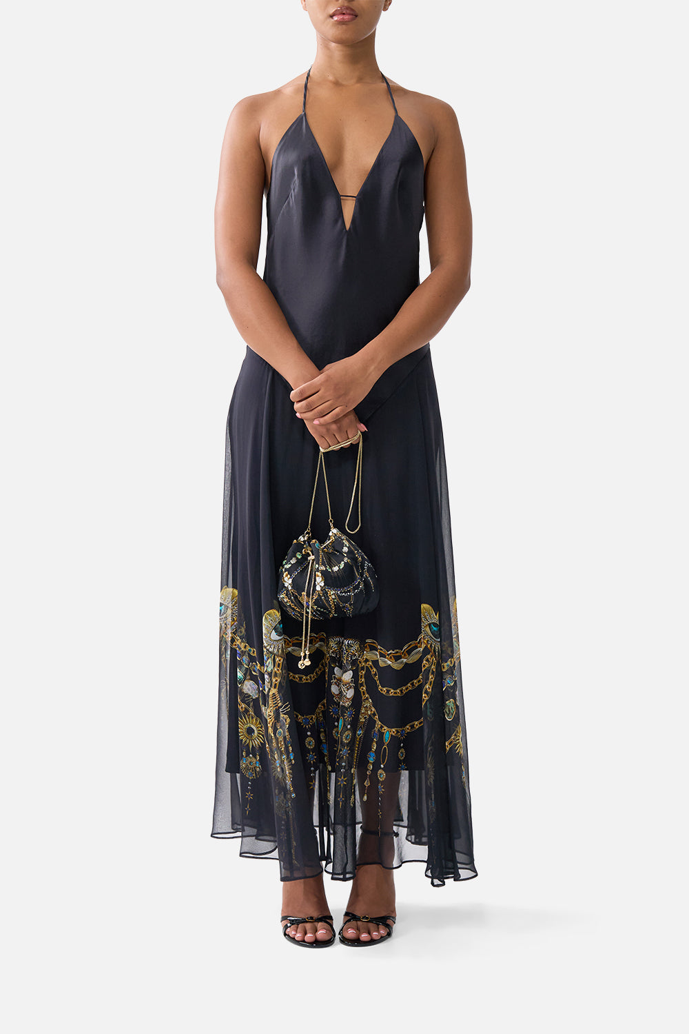 DRAWSTRING POUCH BAG WITH CHAIN STRAP AMULETS AND ALCHEMY