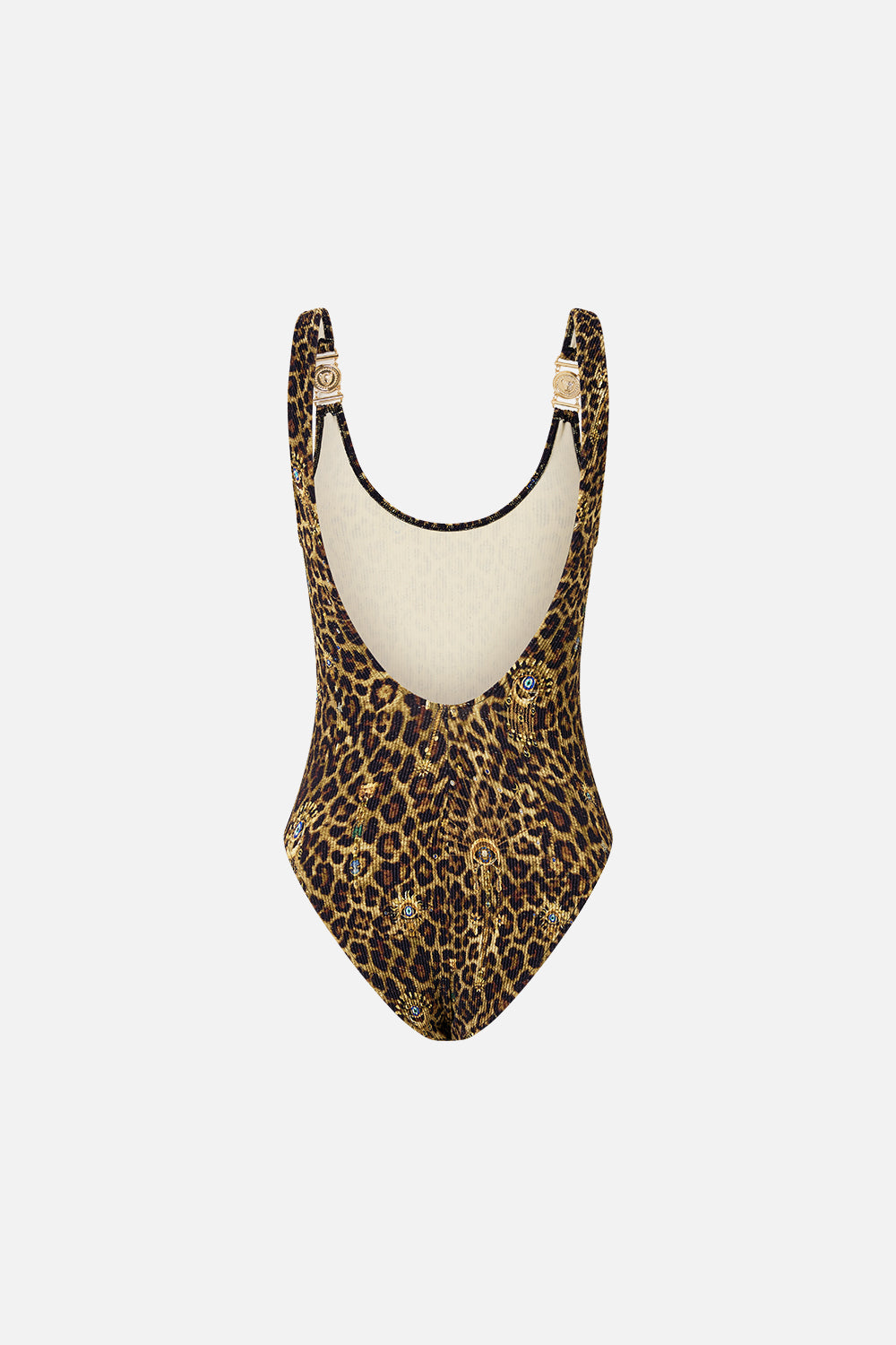 CRINKLE STRETCH SCOOP NECK ONE PIECE WITH STRAP TRIMS FELINE FOLKLORE