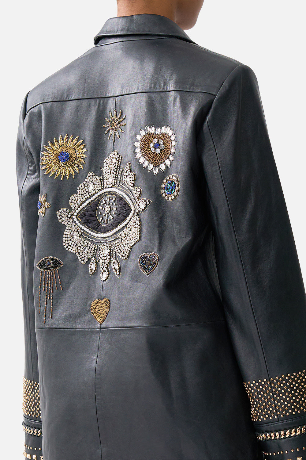 LEATHER JACKET WITH YOKE AMULETS AND ALCHEMY