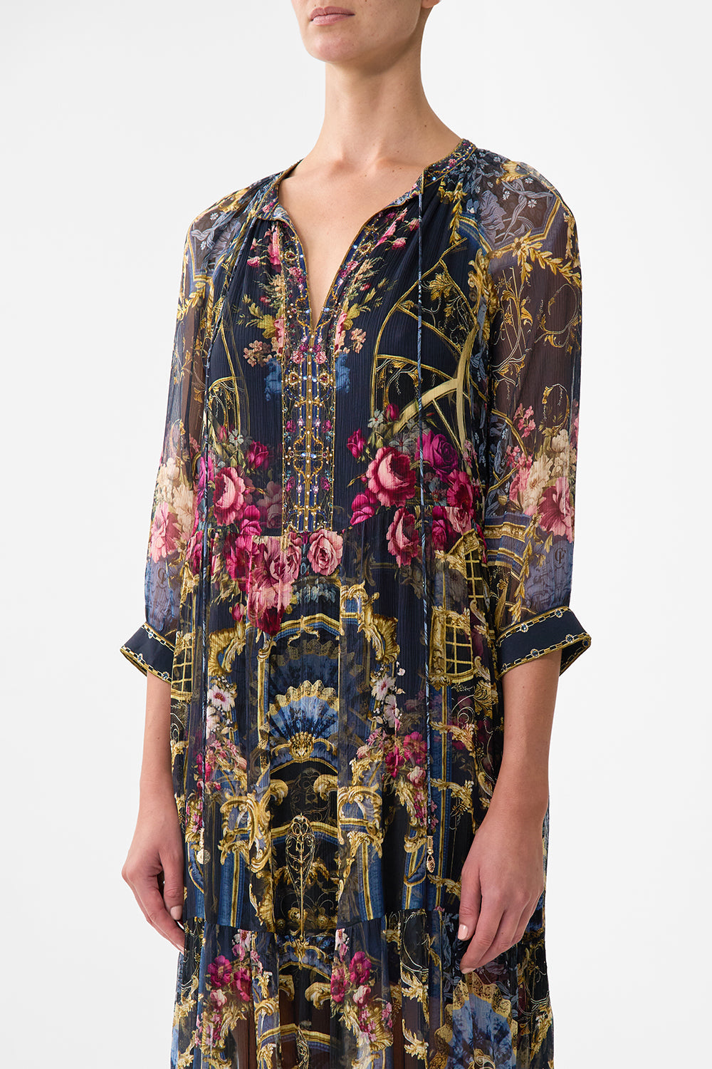 The CAMILLA Long Gathered Panel Dress in our Ornate On A Plate print.