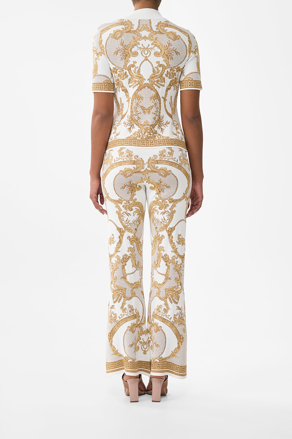 The CAMILLA Flared Jacquard Knit Pant in our Dressing Room Drama print.