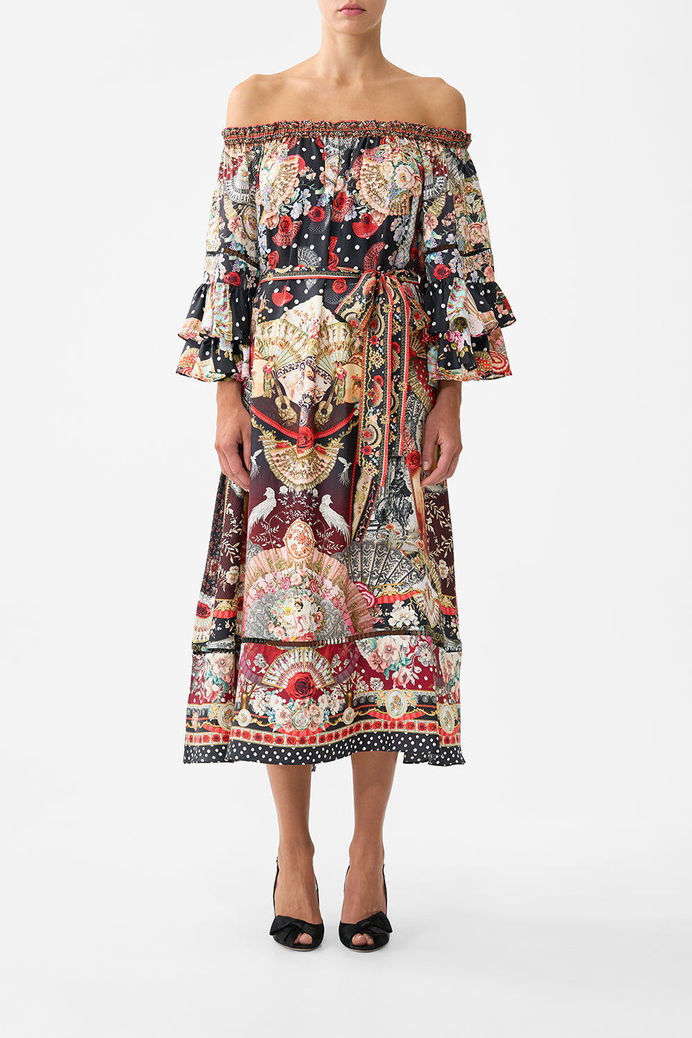 OFF SHOULDER MIDI DRESS WITH FRILL SLEEVE DAUGHTERS OF DUENDE