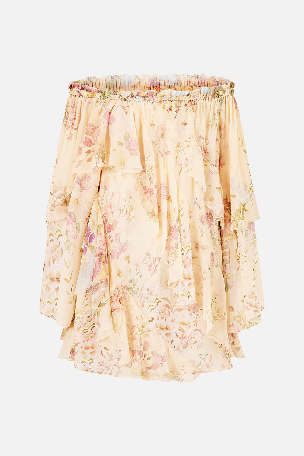 OFF SHOULDER ASSYMETRIC RUFFLE DRESS ADORNED IN ARANJUEZ