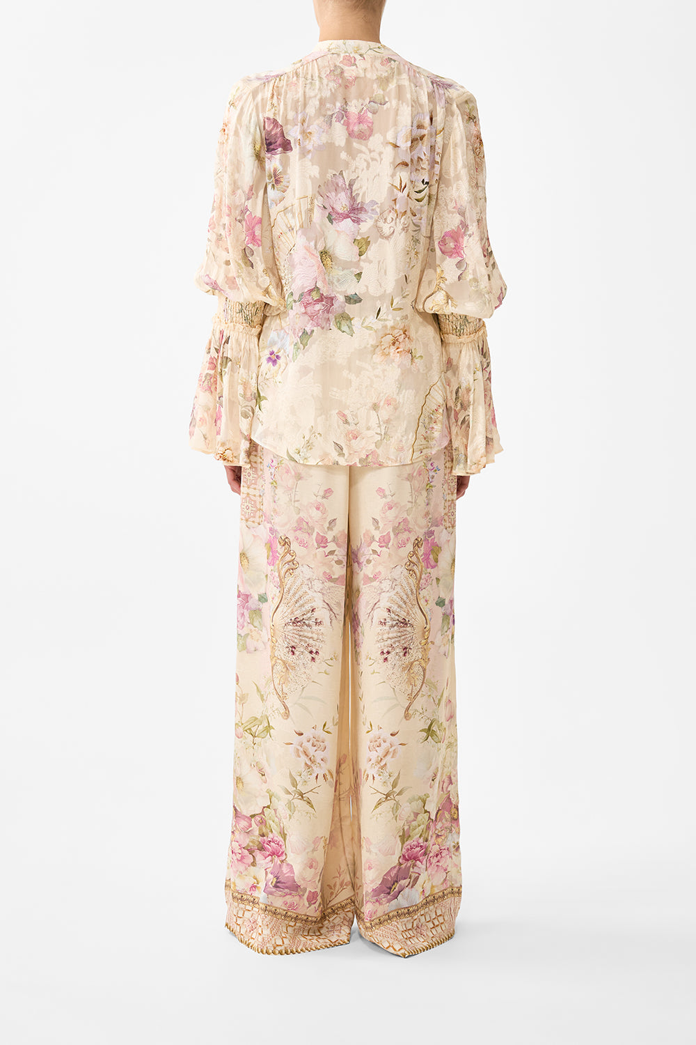 ELASTIC SLEEVE TIE FRONT BLOUSE ADORNED IN ARANJUEZ