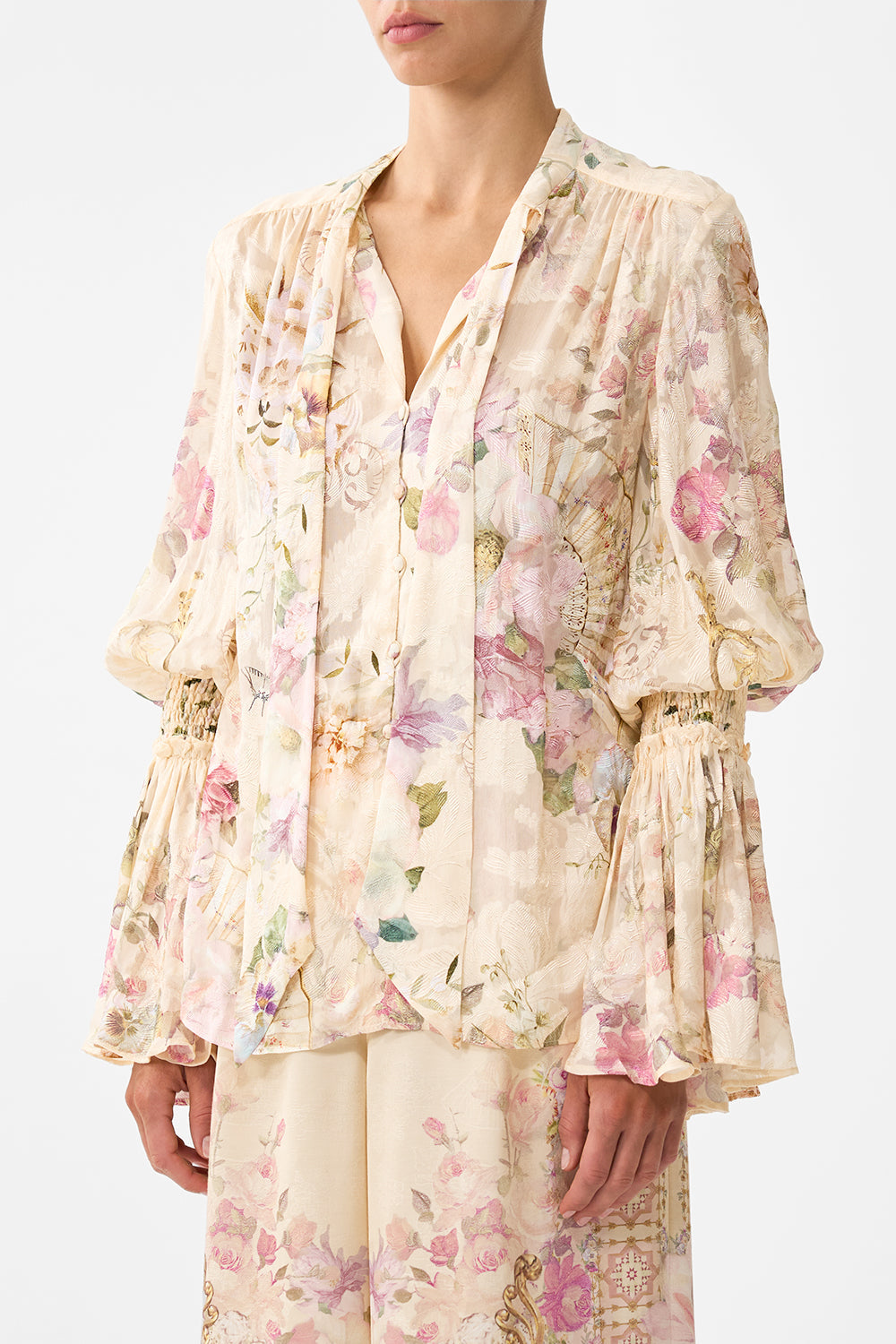 ELASTIC SLEEVE TIE FRONT BLOUSE ADORNED IN ARANJUEZ