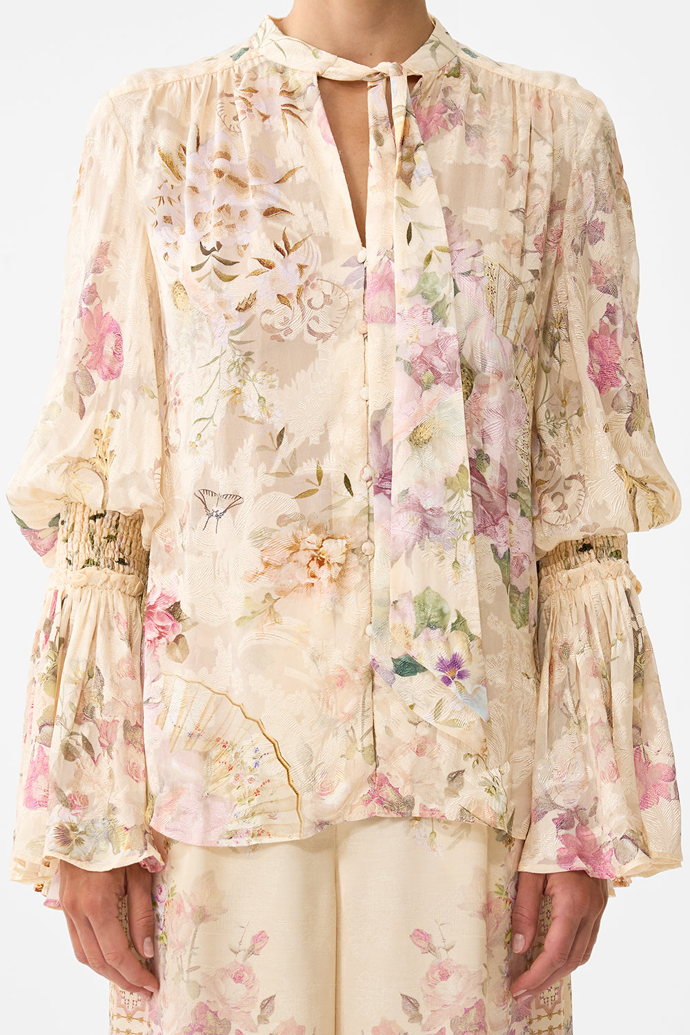 ELASTIC SLEEVE TIE FRONT BLOUSE ADORNED IN ARANJUEZ