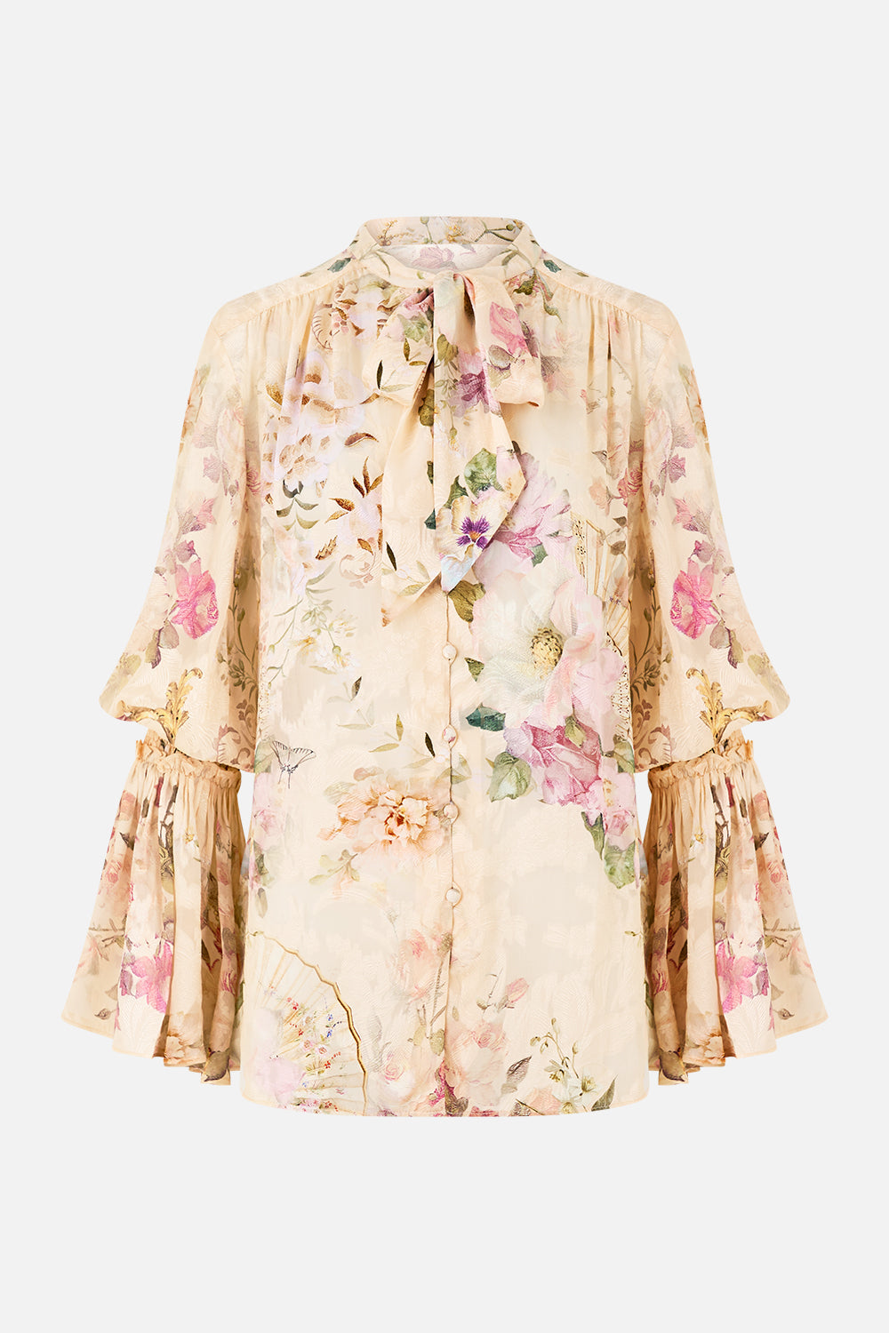 ELASTIC SLEEVE TIE FRONT BLOUSE ADORNED IN ARANJUEZ