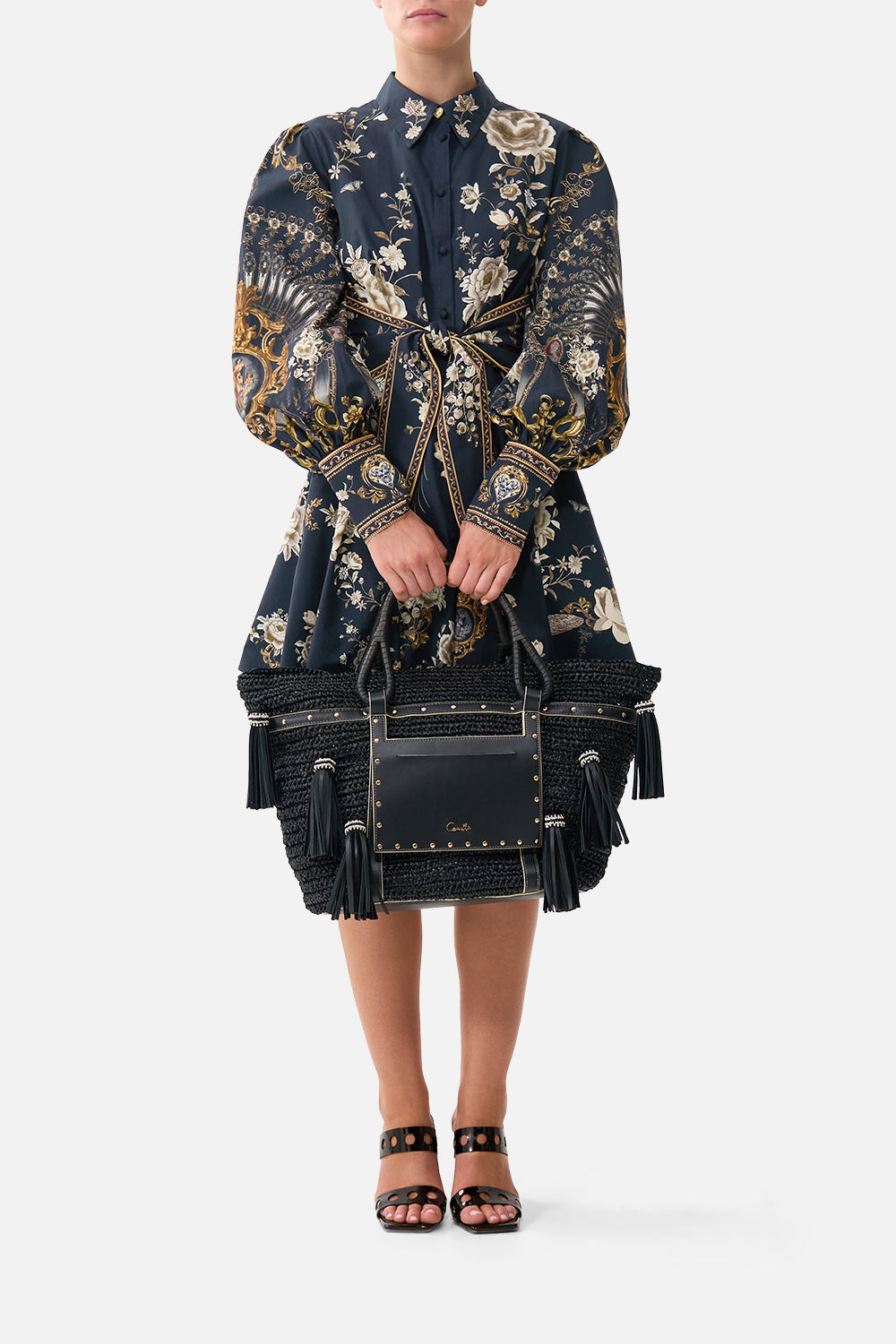 RAFFIA TOTE WITH TASSELS SOLID BLACK