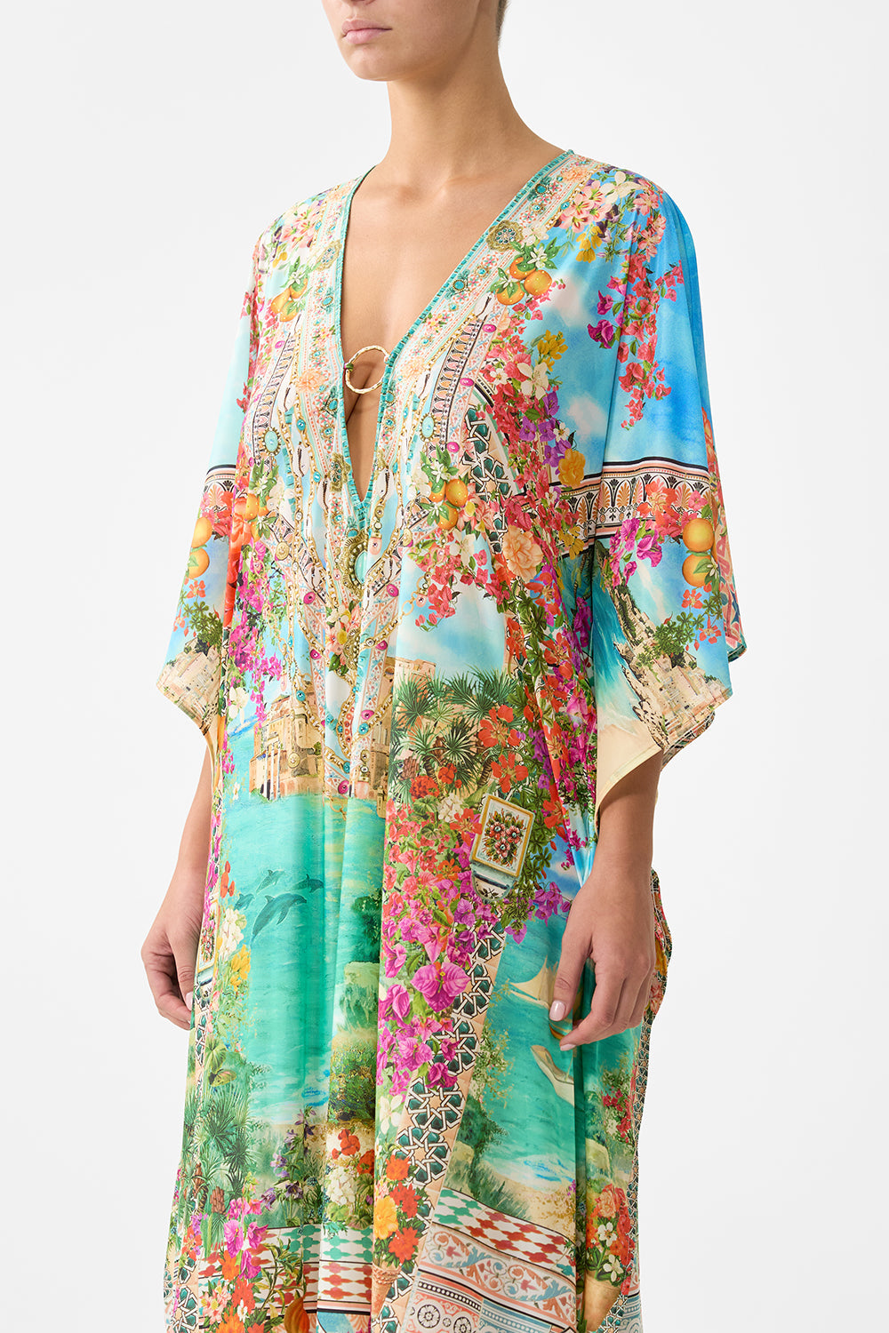LONG V NECK KAFTAN W RING FRONT TRIM MEET ME IN MALLORCA