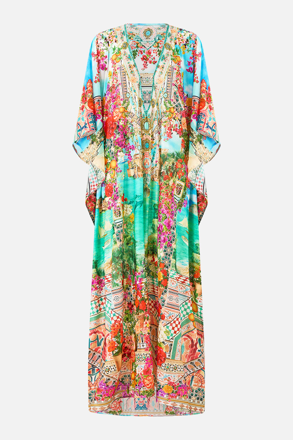 LONG V NECK KAFTAN WITH RING FRONT TRIM MEET ME IN MALLORCA