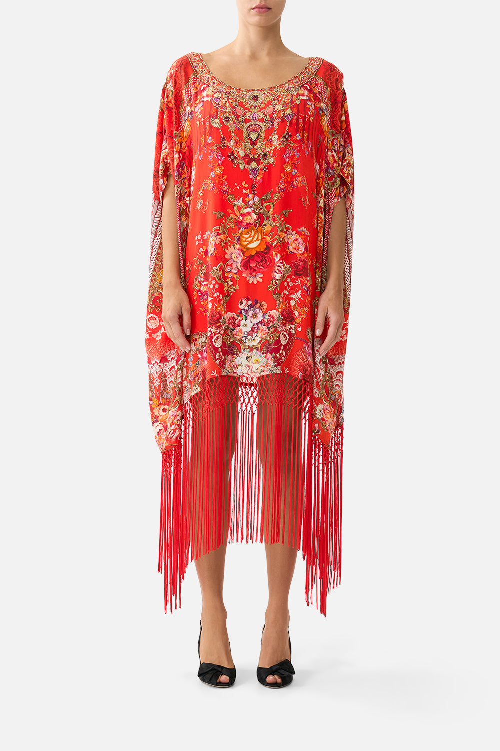SHORT ROUND NECK KAFTAN WITH FRINGING OLÉ OLÉ