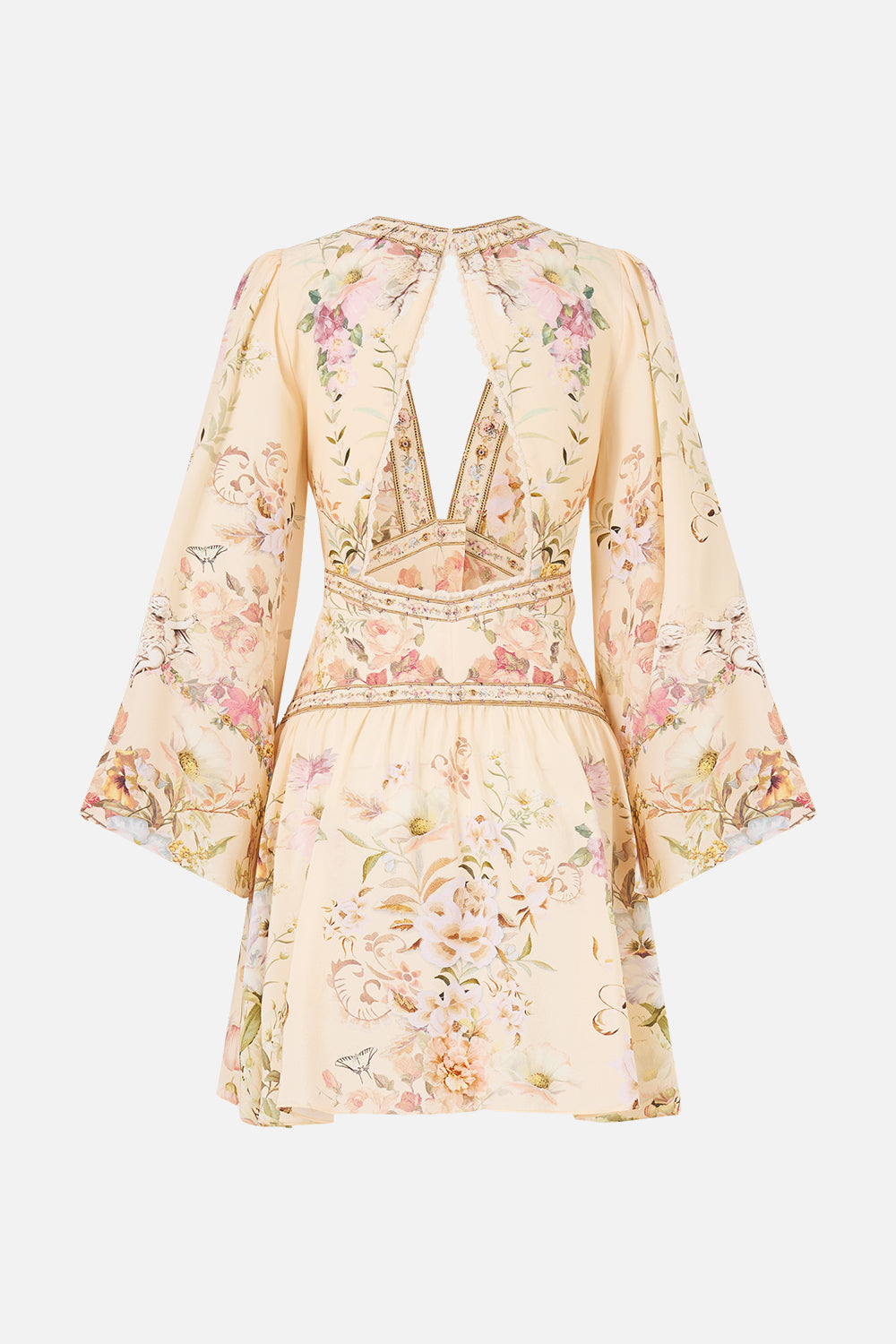 BUTTON DOWN SHORT DRESS WITH OPEN BACK ADORNED IN ARANJUEZ