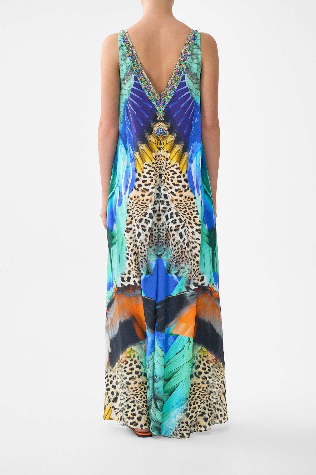 V NECK FLARED JUMPSUIT JUNGLE FLIGHT