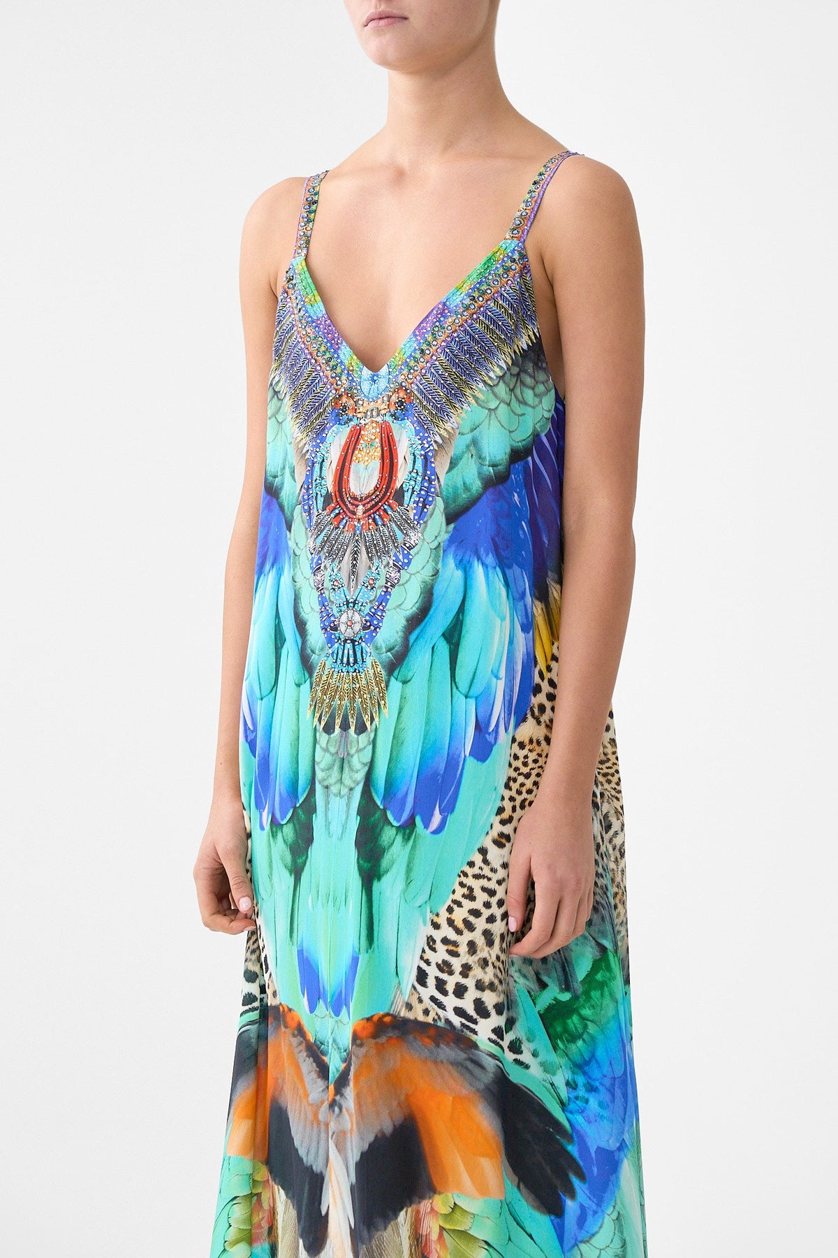 V NECK MIDI SLIP DRESS JUNGLE FLIGHT