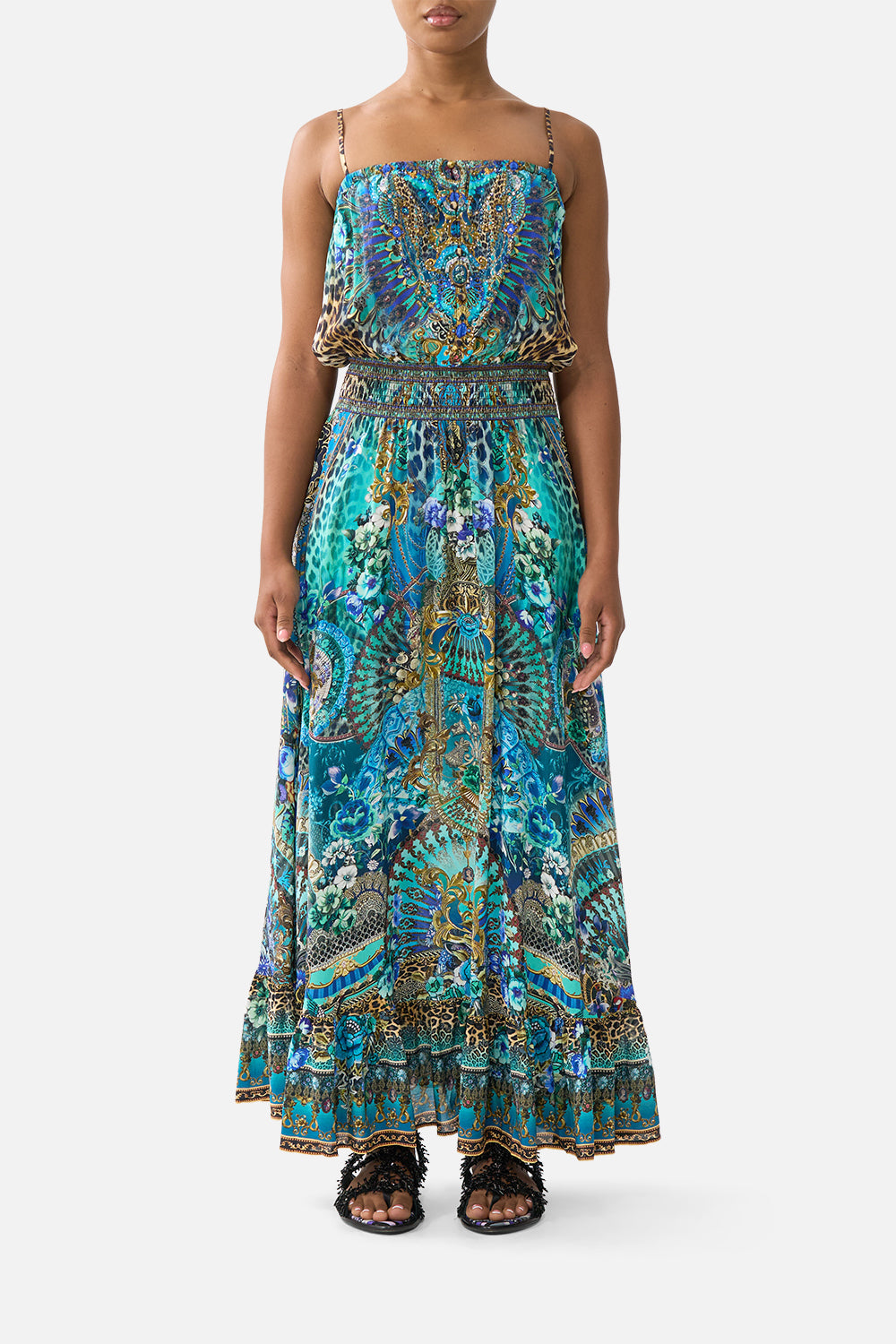 The CAMILLA TIE SLEEVE SHORT V NECK KAFTAN PAINTED PRAYERS in our print.