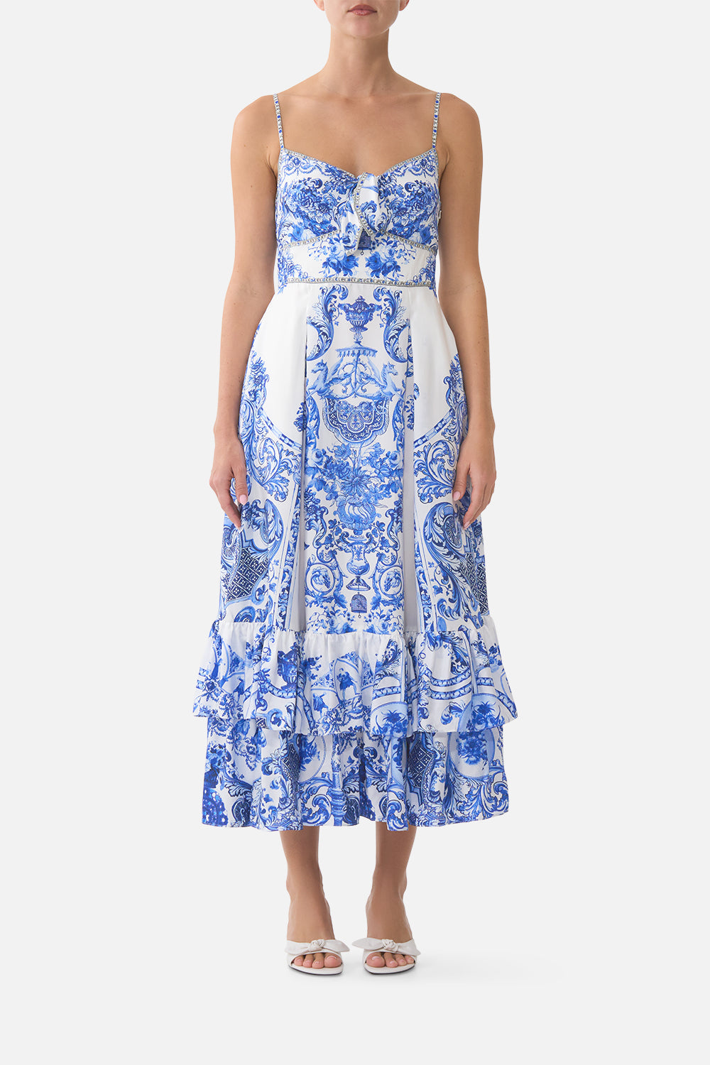 RUFFLE HEM TIE FRONT MIDI DRESS CERAMIC PANORAMIC