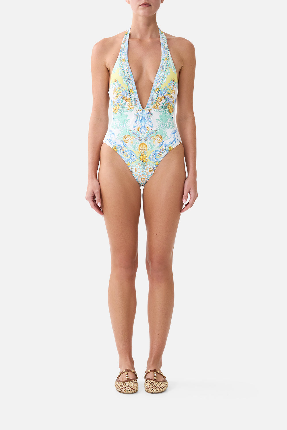 PLUNGE HALTER ONE PIECE W BAR FRONT TRIM DIAL UP THE TILES