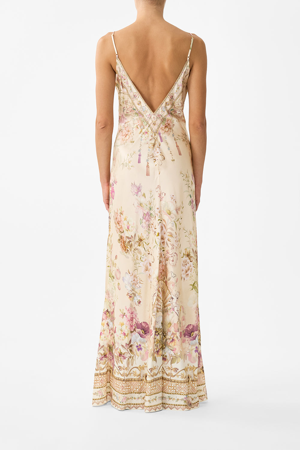 V NECK FULL LENGTH BIAS SLIP DRESS ADORNED IN ARANJUEZ