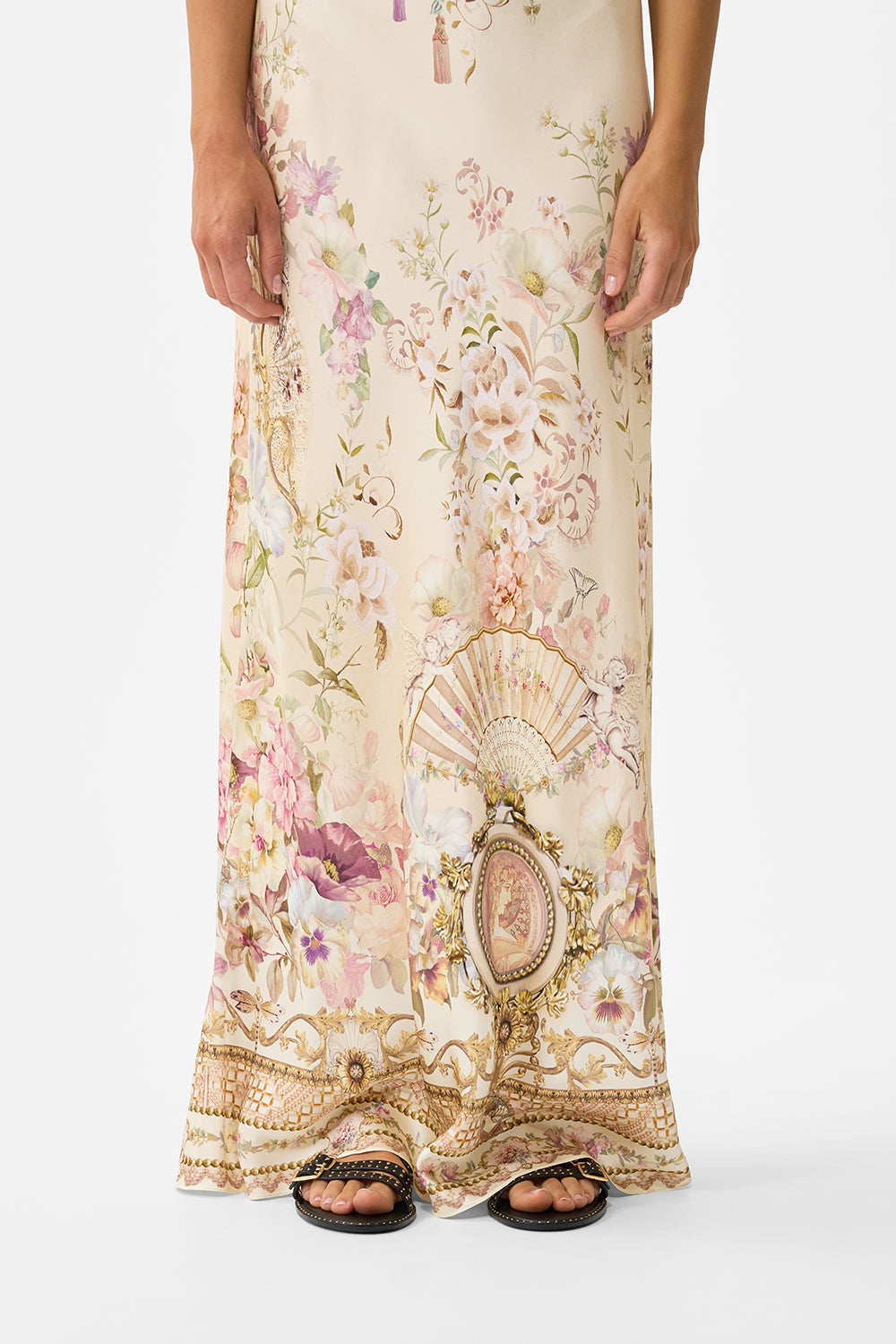 V NECK FULL LENGTH BIAS SLIP DRESS ADORNED IN ARANJUEZ