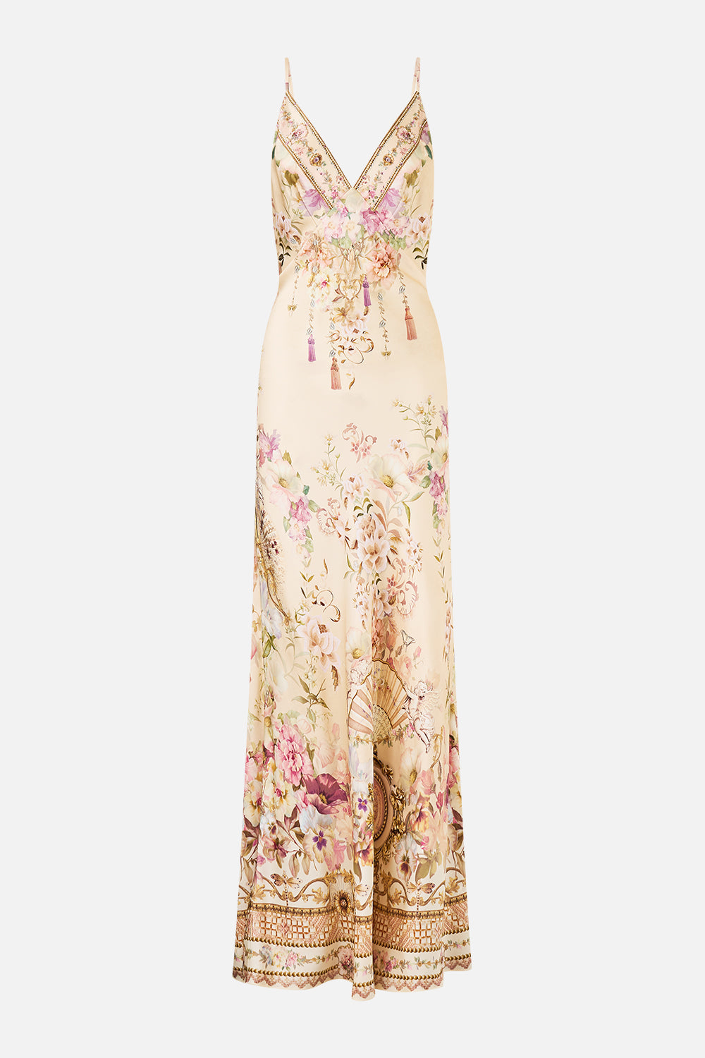 V NECK FULL LENGTH BIAS SLIP DRESS ADORNED IN ARANJUEZ