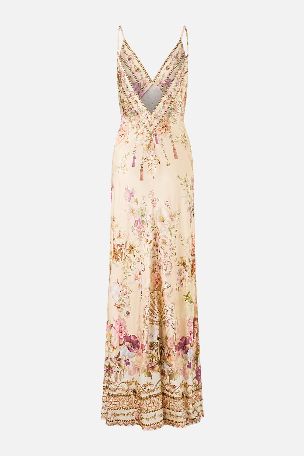 V NECK FULL LENGTH BIAS SLIP DRESS ADORNED IN ARANJUEZ