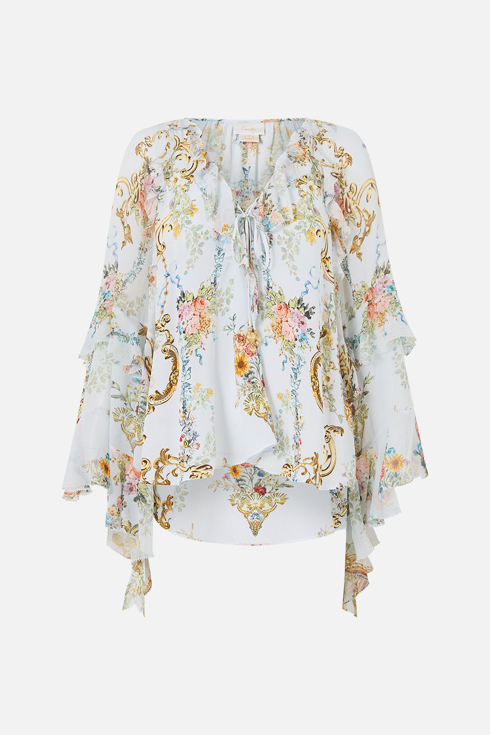 LACE UP V NECK BLOUSE WITH CASCADE RUFFLES SEVILLE SWEETHEART