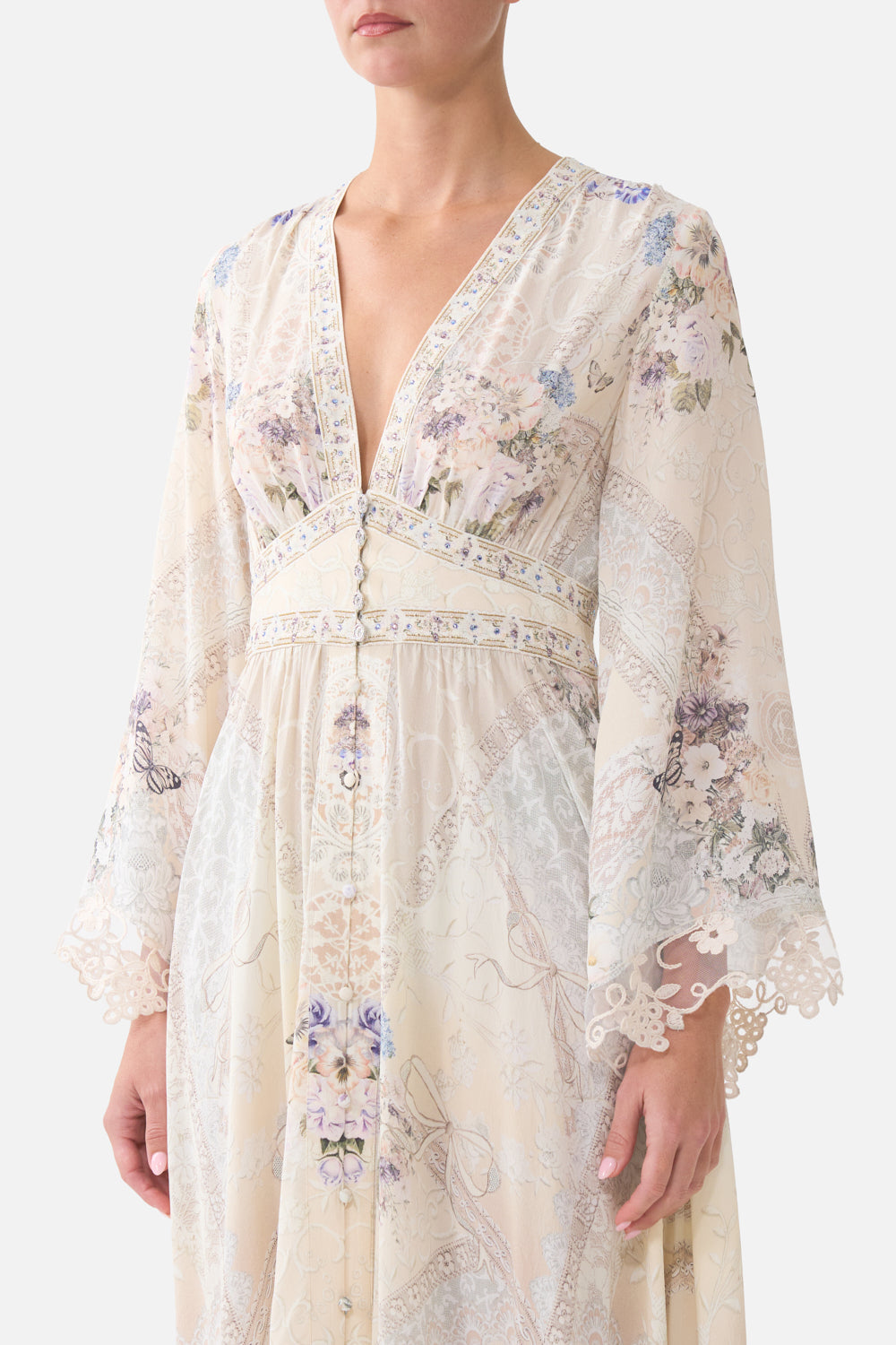 KIMONO SLEEVE DRESS WITH SHIRRING DETAIL LACED WITH LOVE