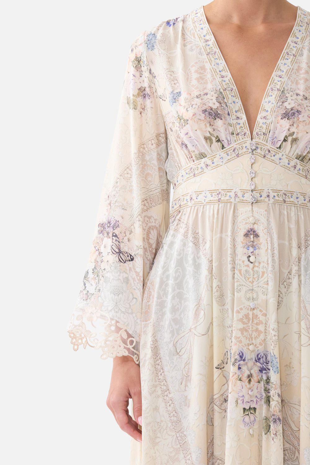 KIMONO SLEEVE DRESS WITH SHIRRING DETAIL LACED WITH LOVE