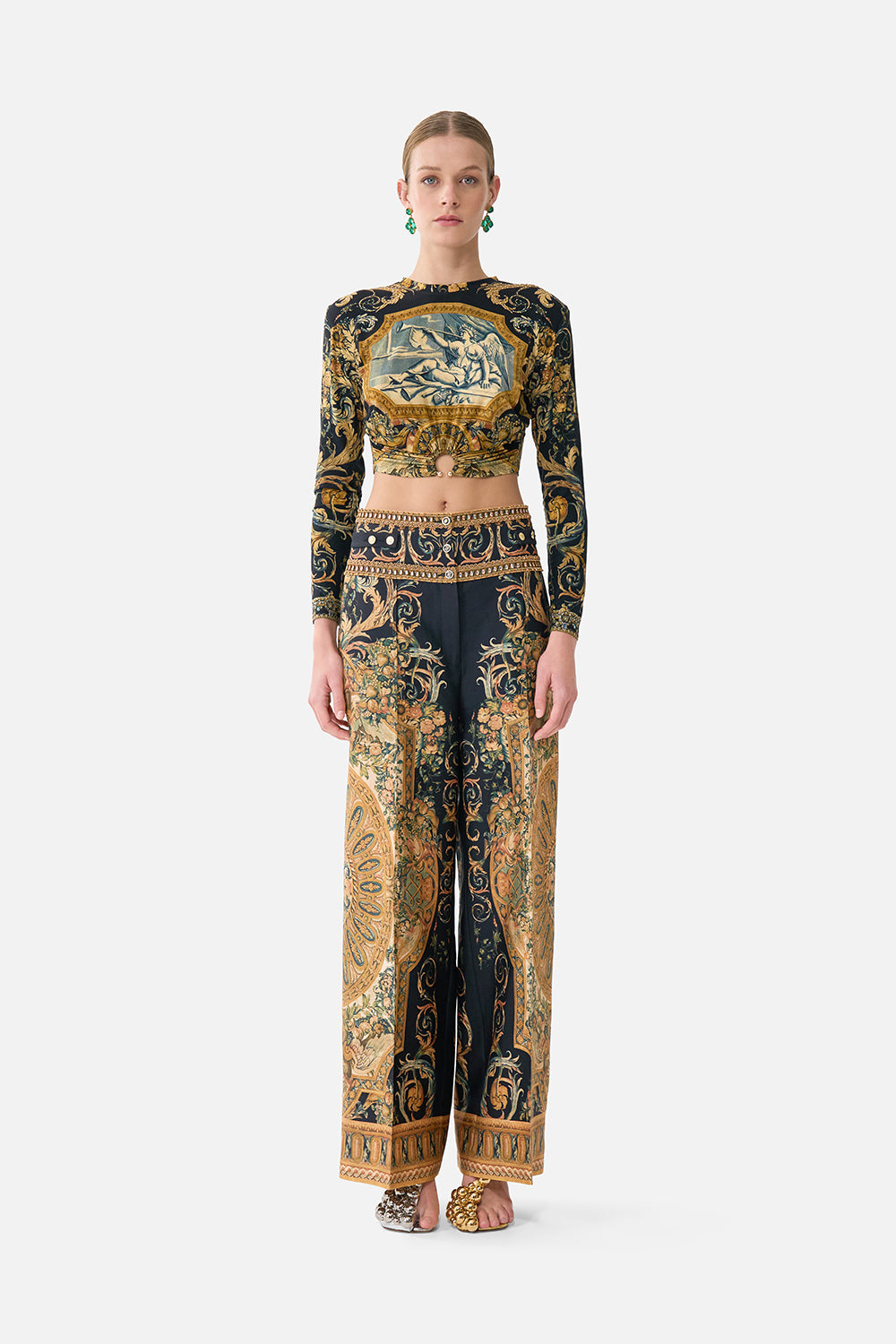 The CAMILLA Tailored Pant With Waist Button Detail in our Museum Memoirs print.
