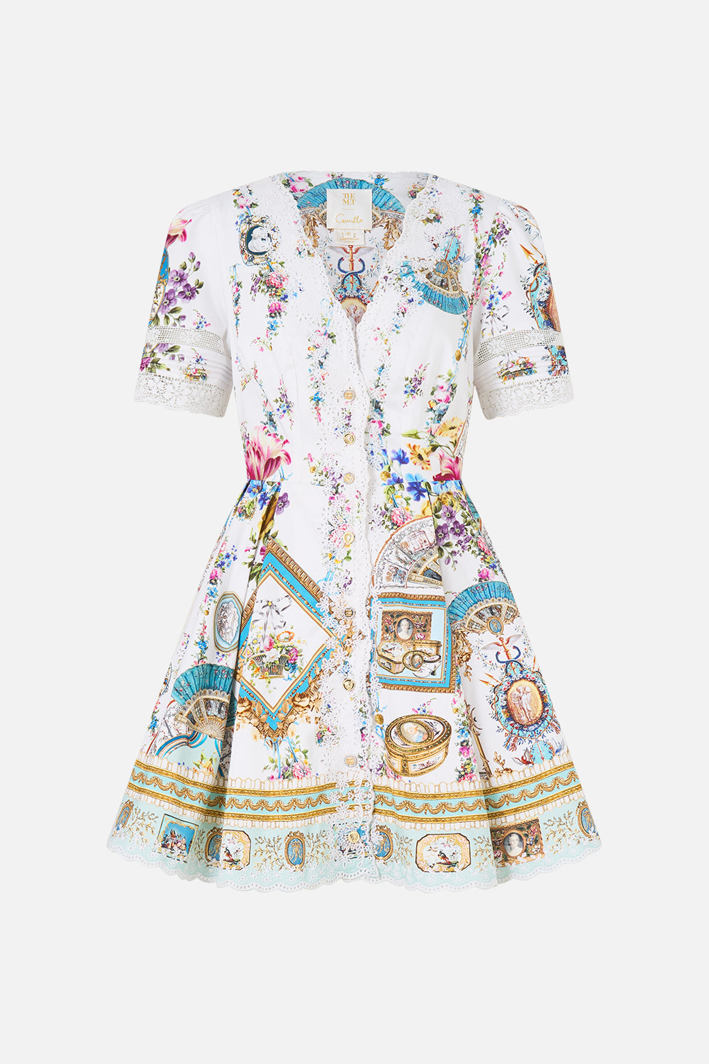 The CAMILLA V Neck Short Dress With Short Sleeves in our Art For The Artisans print.