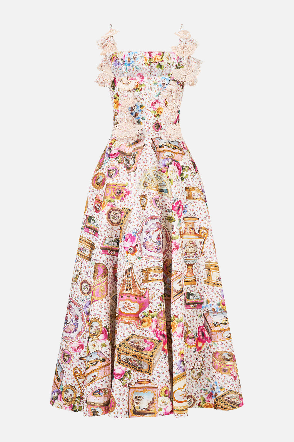 The CAMILLA COLLARED SHIRT DRESS WITH PINTUCKS DANDELION SKIES in our print.