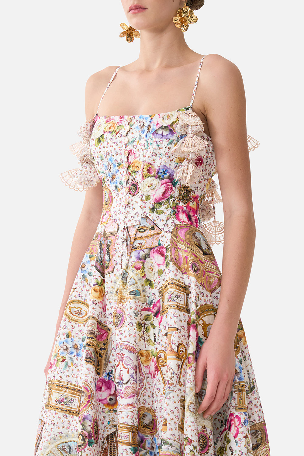 The CAMILLA COLLARED SHIRT DRESS WITH PINTUCKS DANDELION SKIES in our DANDELION SKIES print.