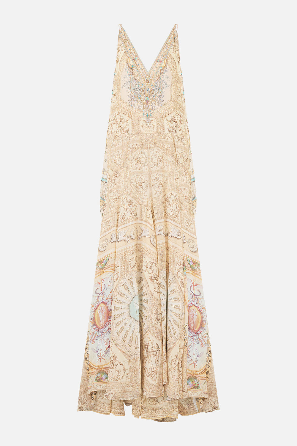 The CAMILLA SHIRRED WAIST LONG DRESS PALACE ZOOLOGY in our print.