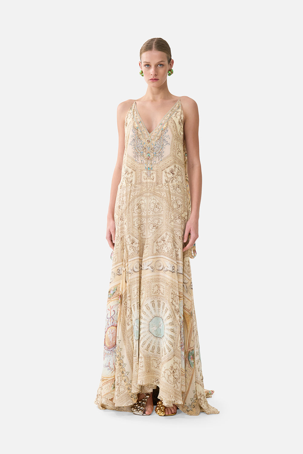 The CAMILLA SHIRRED WAIST LONG DRESS PALACE ZOOLOGY in our print.
