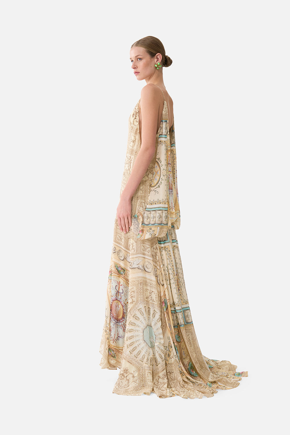 The CAMILLA SHIRRED WAIST LONG DRESS PALACE ZOOLOGY in our print.