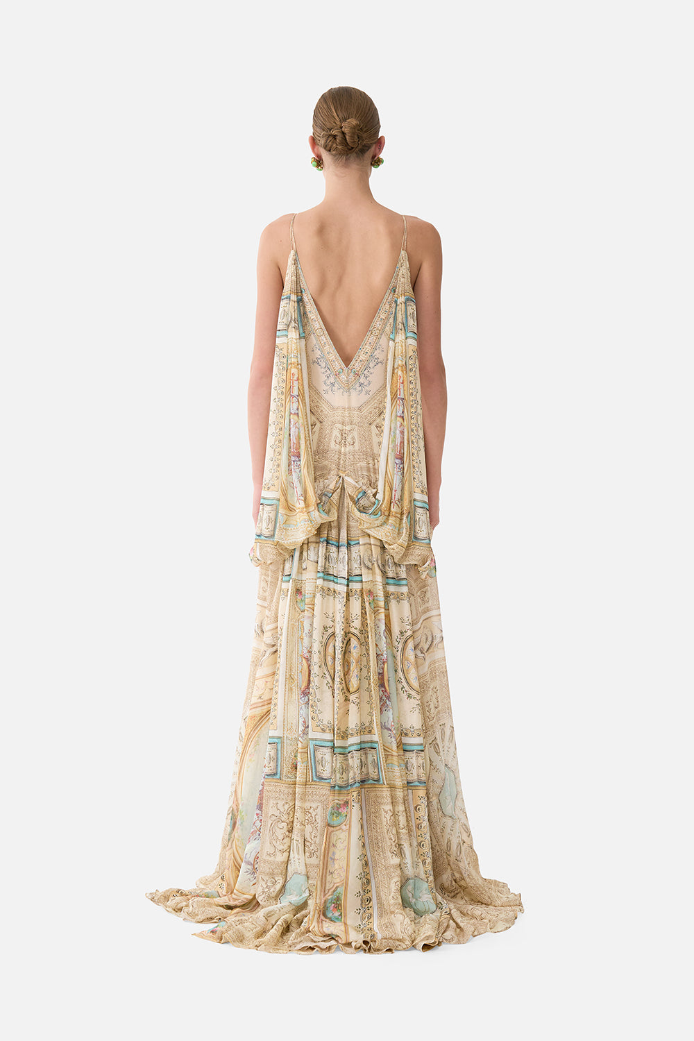The CAMILLA SHIRRED WAIST LONG DRESS PALACE ZOOLOGY in our print.