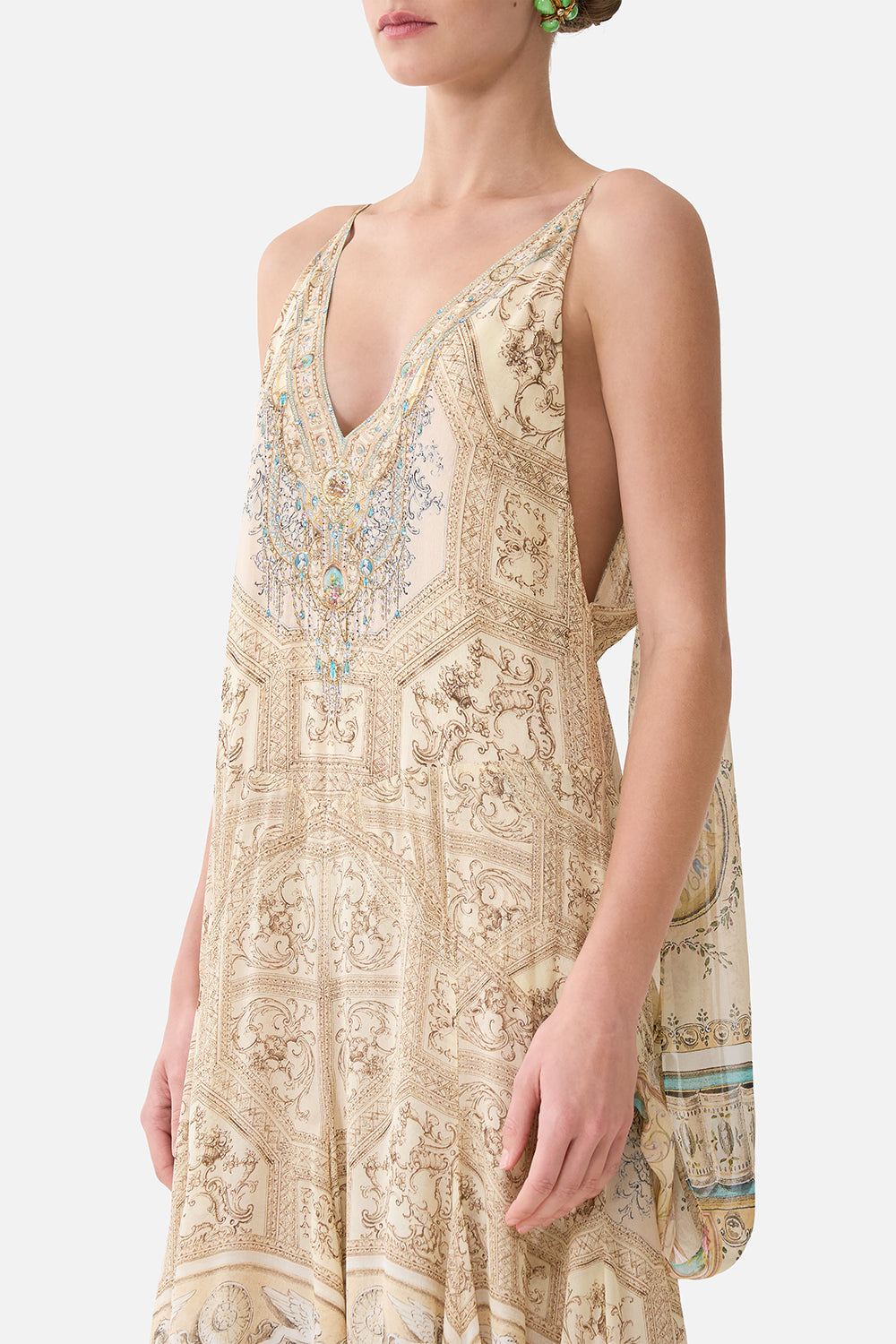 The CAMILLA SHIRRED WAIST LONG DRESS PALACE ZOOLOGY in our print.