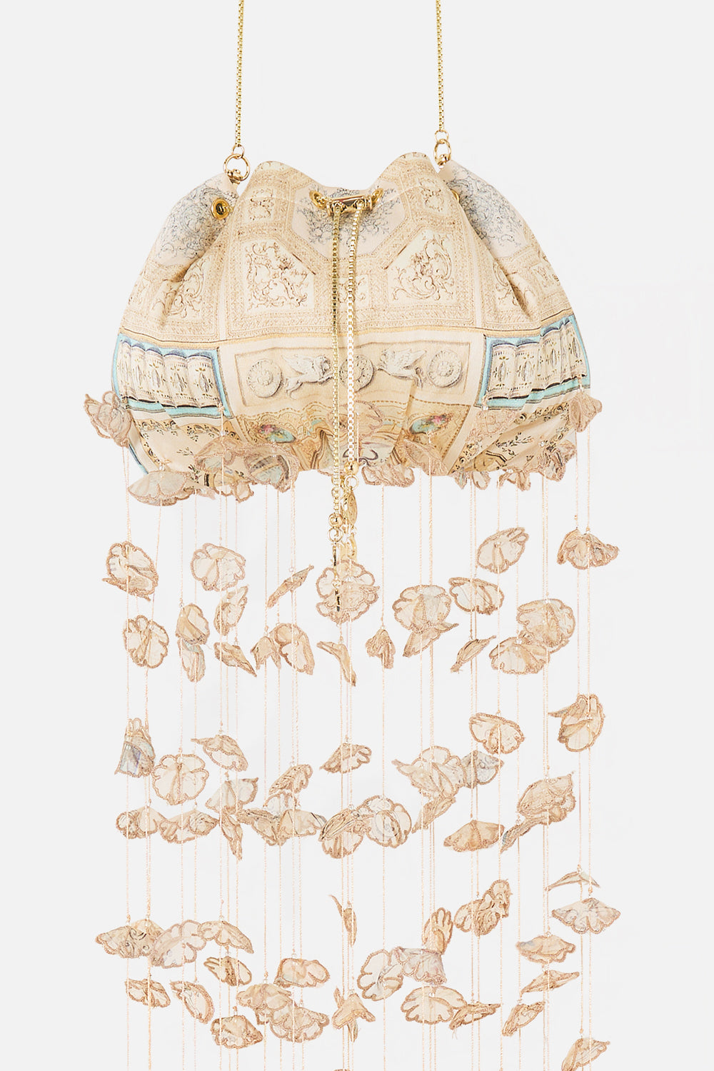 The CAMILLA Drawstring Pouch Bag With Chain Strap in our A Beloved Boudoir print.
