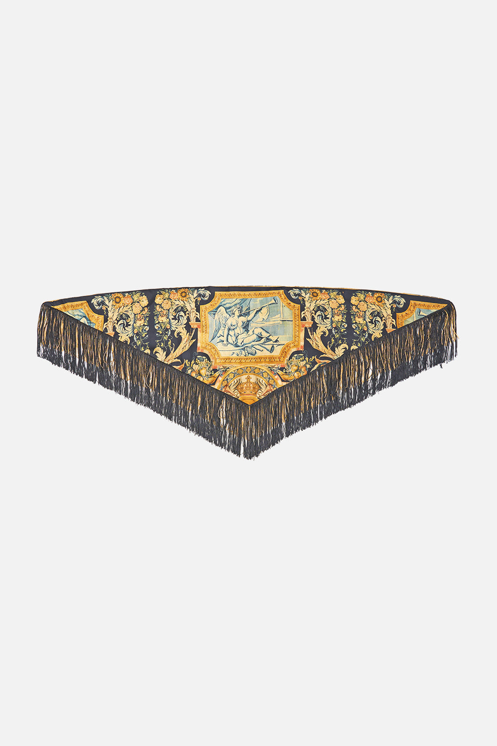 TRIANGULAR SILK TWILL SCARF WITH FRINGING MUSEUM MEMOIRS