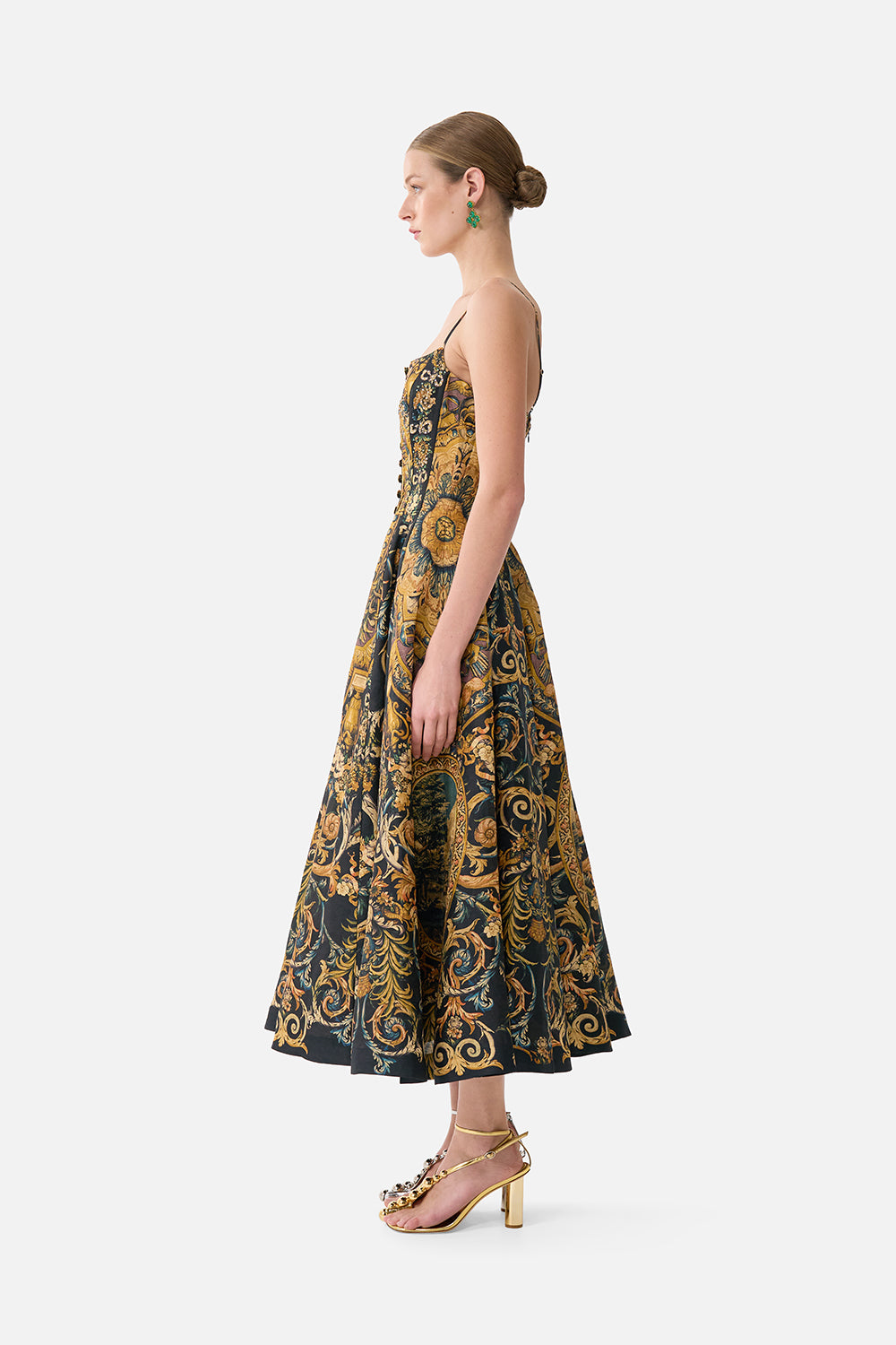 The CAMILLA Corset Dress With Long Flared Skirt in our Museum Memoirs print.
