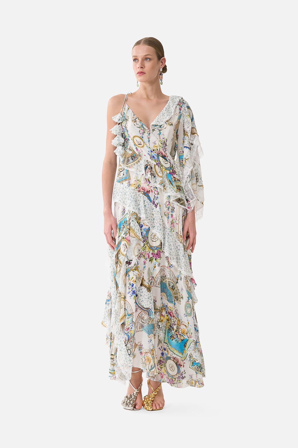 The CAMILLA Asymmetric Spliced Ruffle Dress in our Art For The Artisans print.