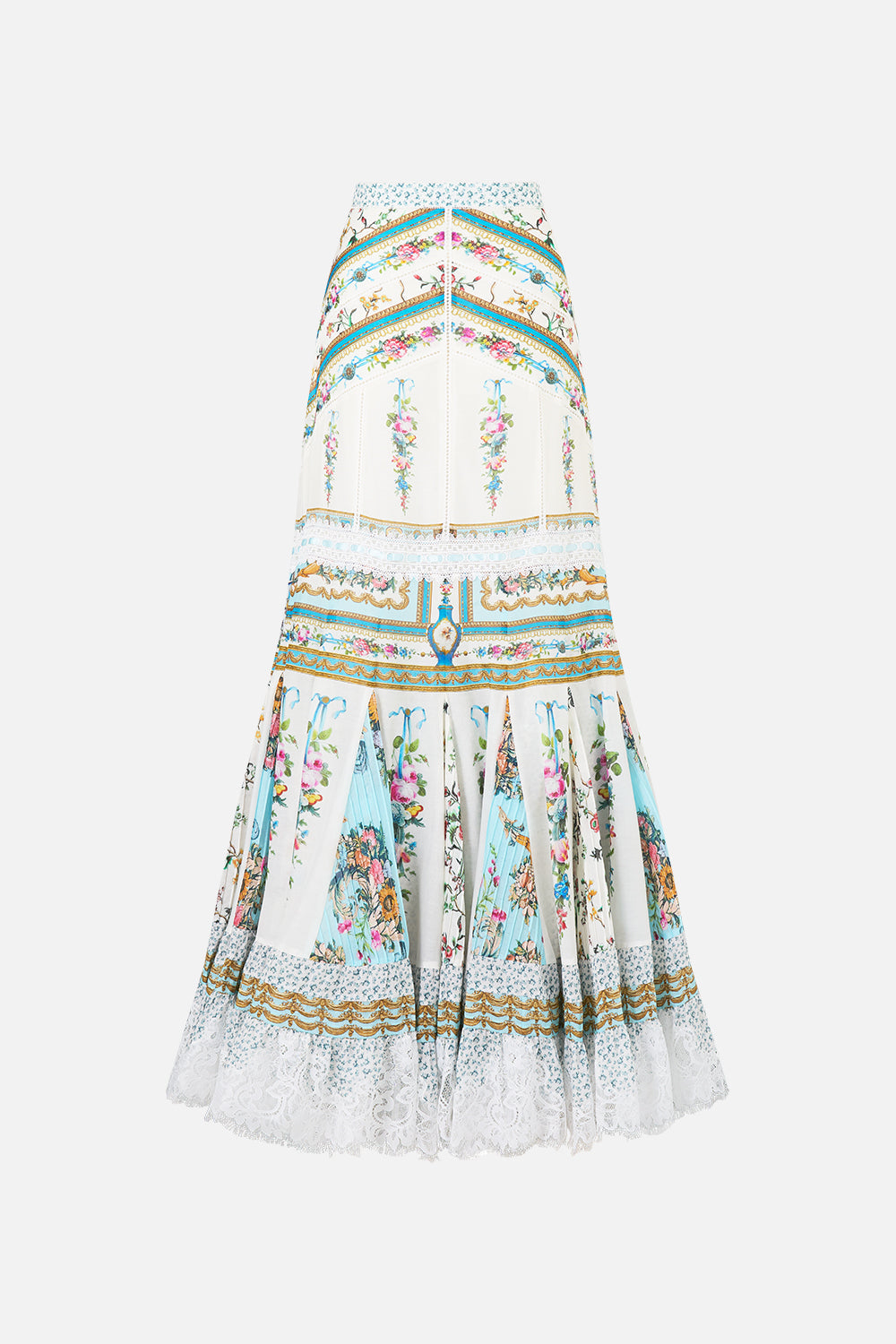 The CAMILLA SQUARE NECK SHORT DRESS WITH PINTUCKS DANDELION SKIES in our print.