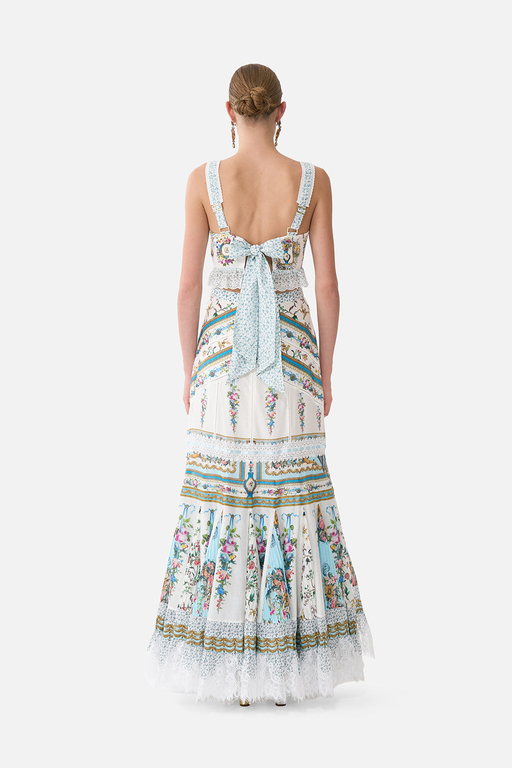 The CAMILLA SQUARE NECK SHORT DRESS WITH PINTUCKS DANDELION SKIES in our print.