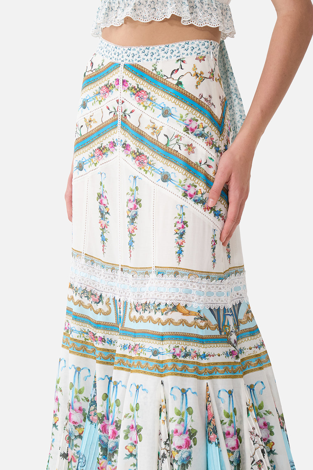 The CAMILLA SQUARE NECK SHORT DRESS WITH PINTUCKS DANDELION SKIES in our print.