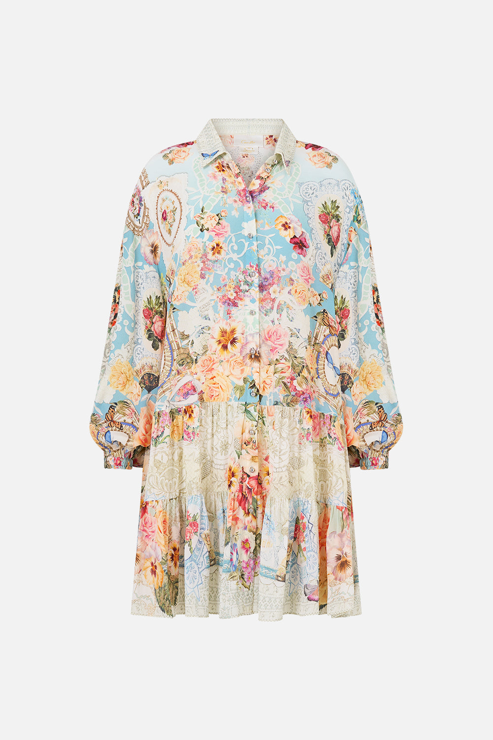 The CAMILLA NECKTIE DRESS WITH ELASTICATED WAIST CHAMBER OF BLOOMS in our print.