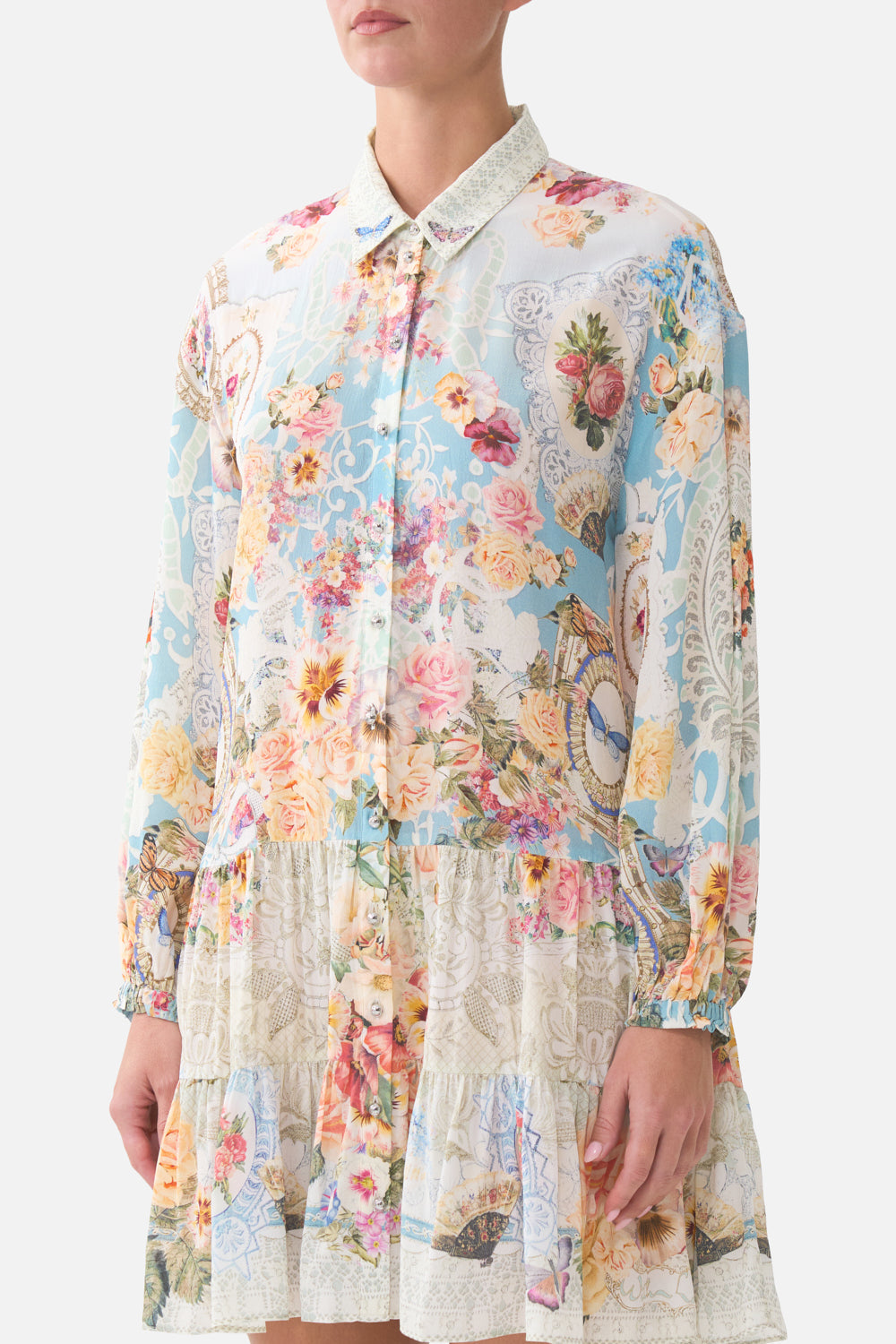 The CAMILLA NECKTIE DRESS WITH ELASTICATED WAIST CHAMBER OF BLOOMS in our print.