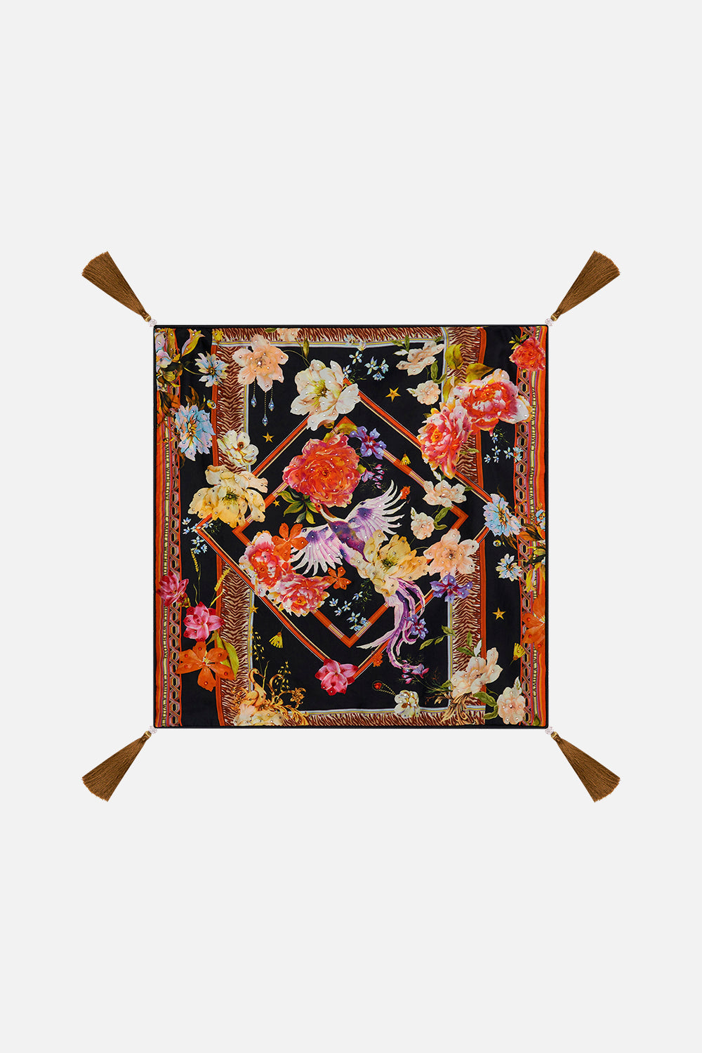 Product view of VILLA CAMILLA small square silk cushion in Secret History print