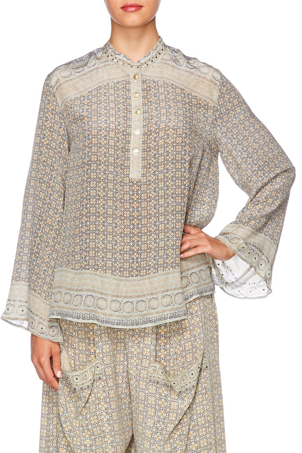 THREADED UNION WIDE SLEEVE BUTTON UP BLOUSE