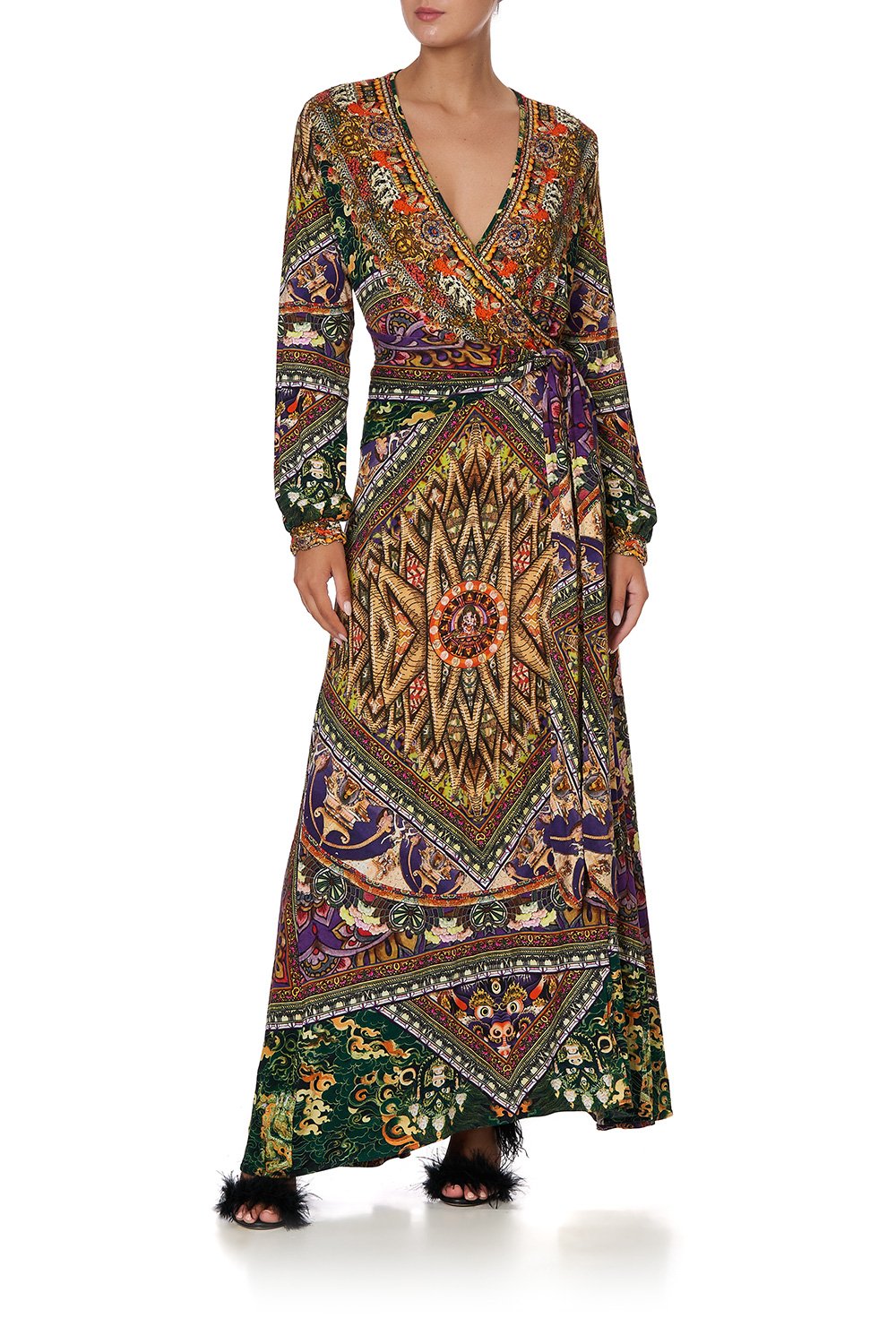 V NECK WRAP LONG DRESS MANDALA