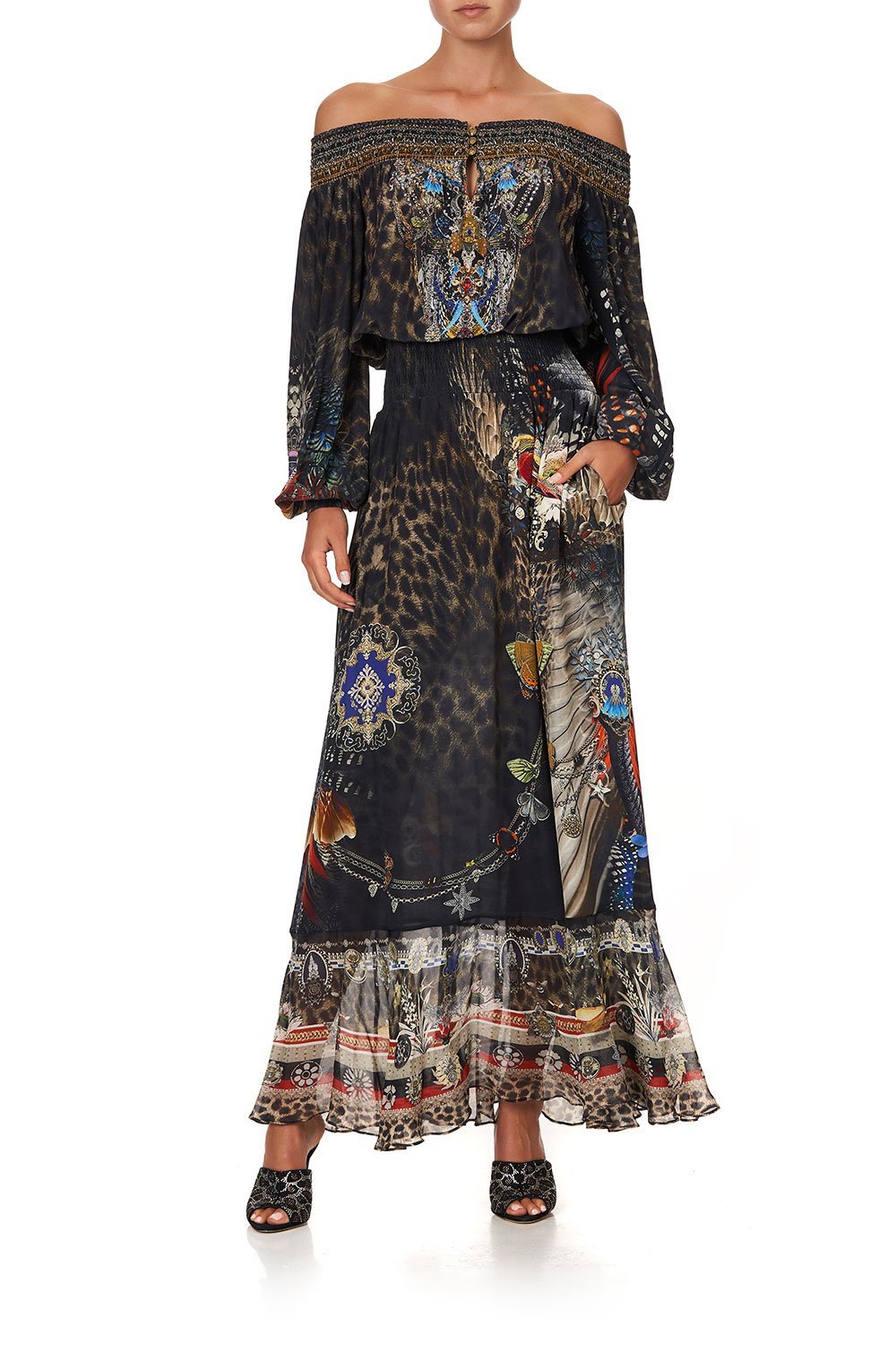 OFF SHOULDER SHIRRED DRESS TREASURE CHASER